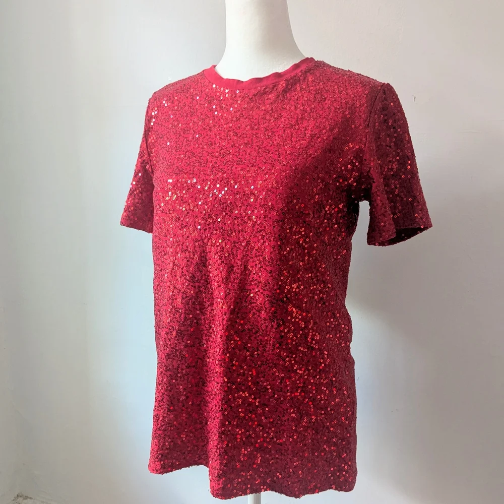DKNY Sparkling Red Full Body Sequin Crewneck Short Sleeve Tee
